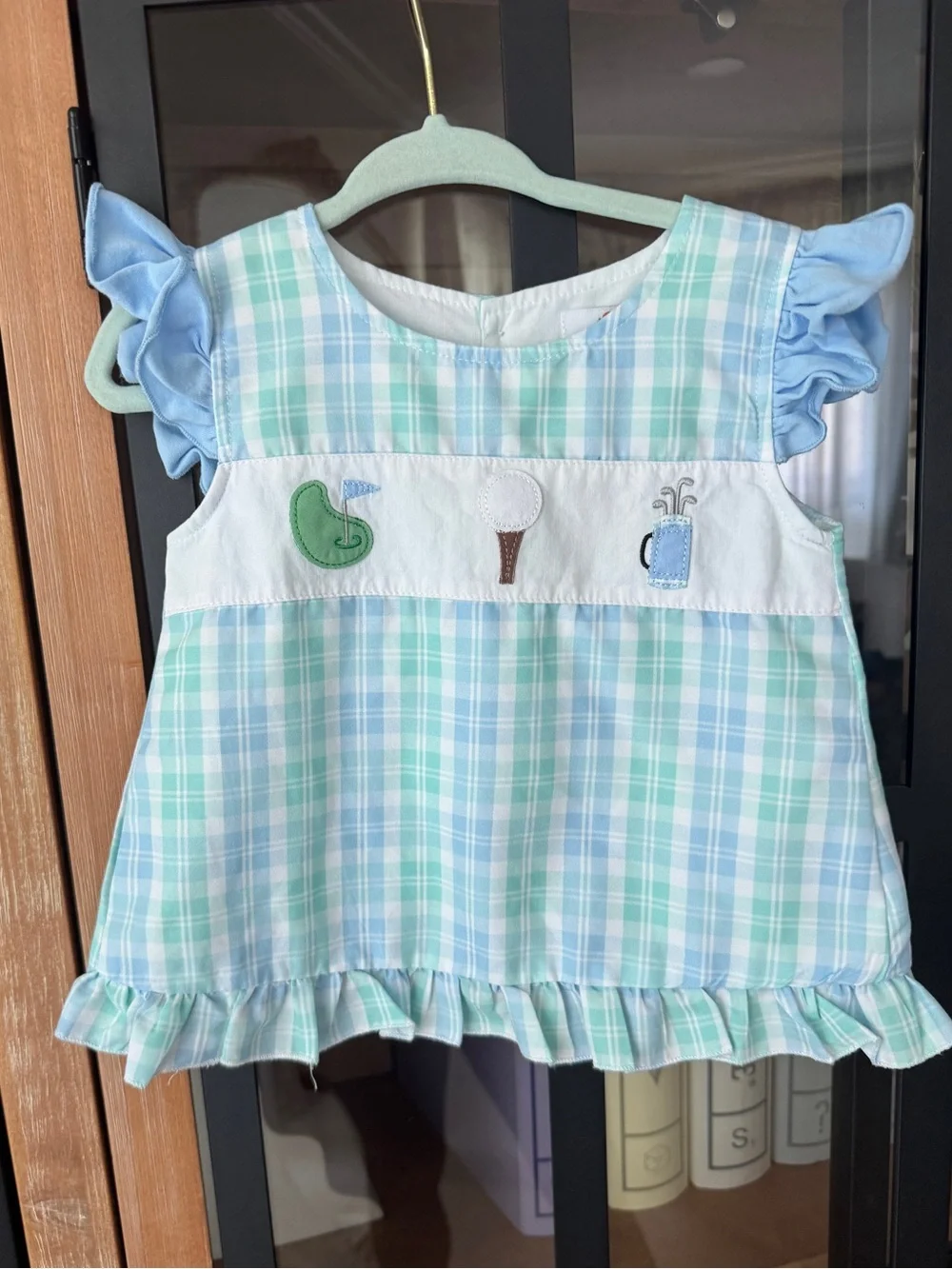 Golf applique embroidered ruffle gingham top dress baby toddler girl set bloomer